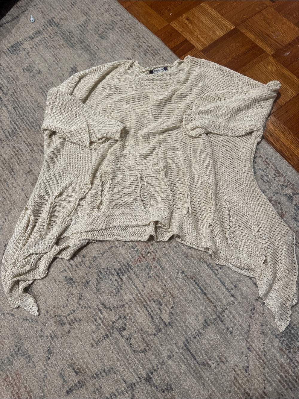 Lightweight Distressed Cream Open-Knit Poncho Sweater with cut out detail